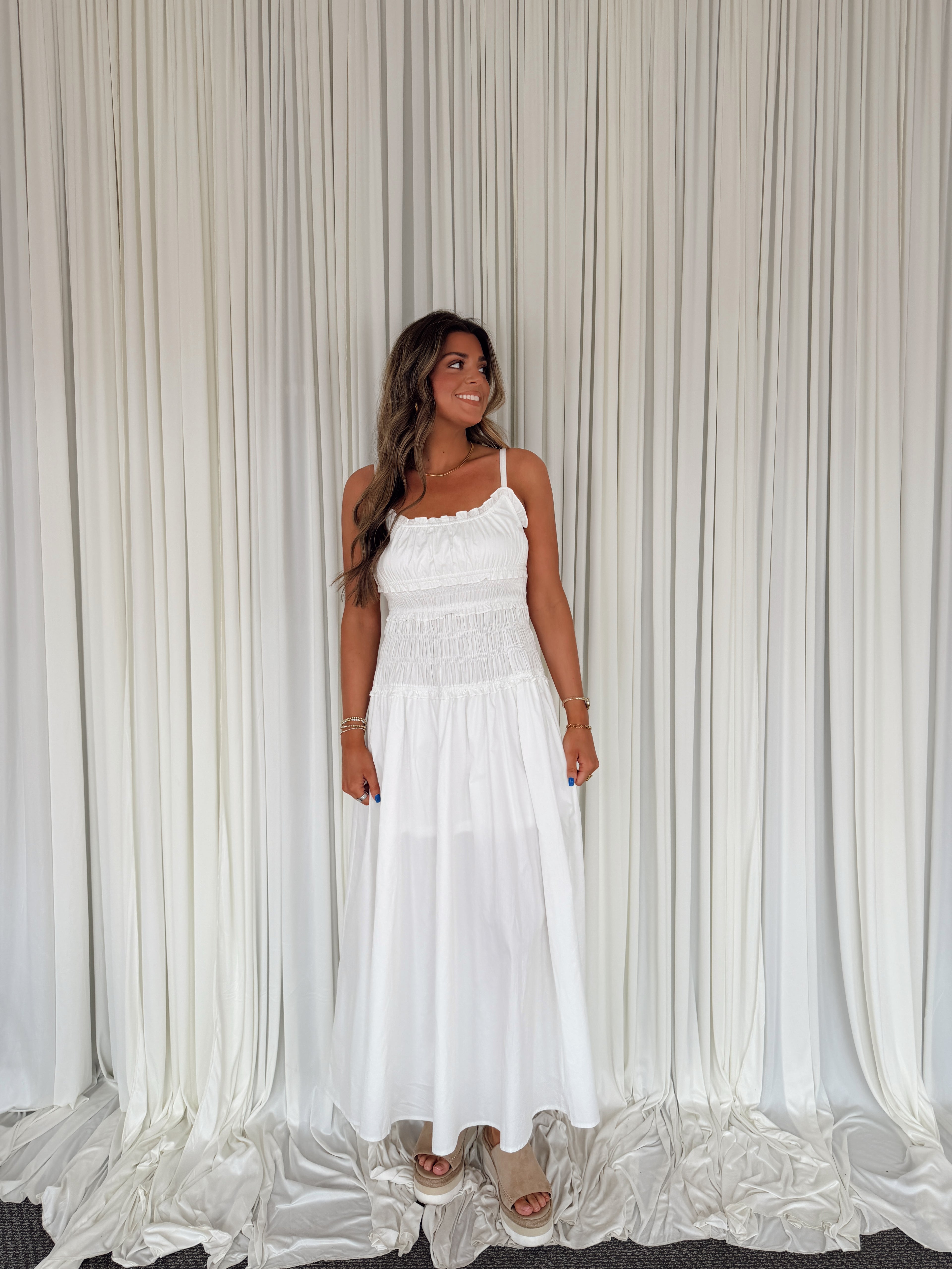 smocked cotton dress White Smocked Maxi Cotton Dress