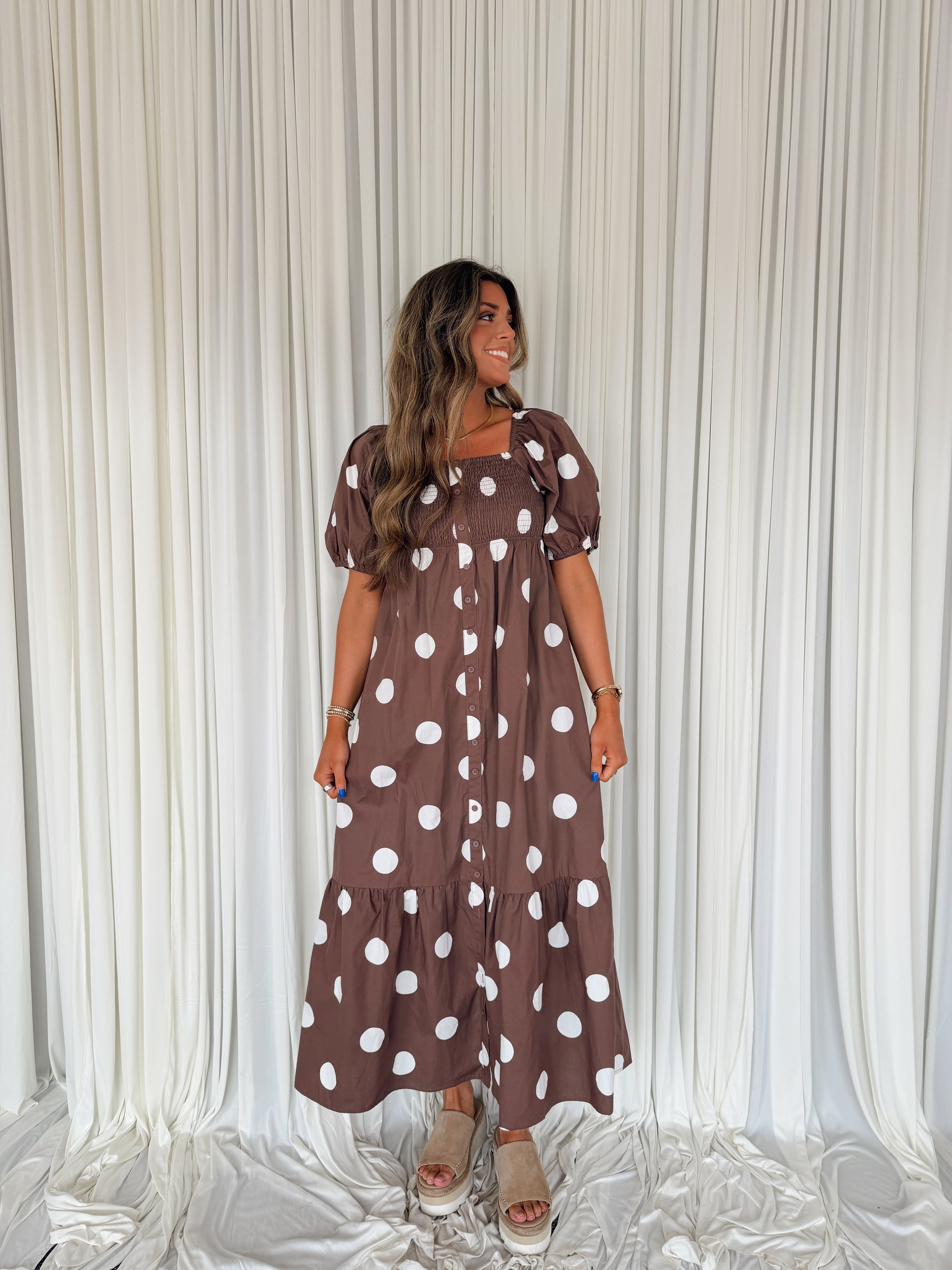 Polka Dot Puff Sleeve Maxi Dress