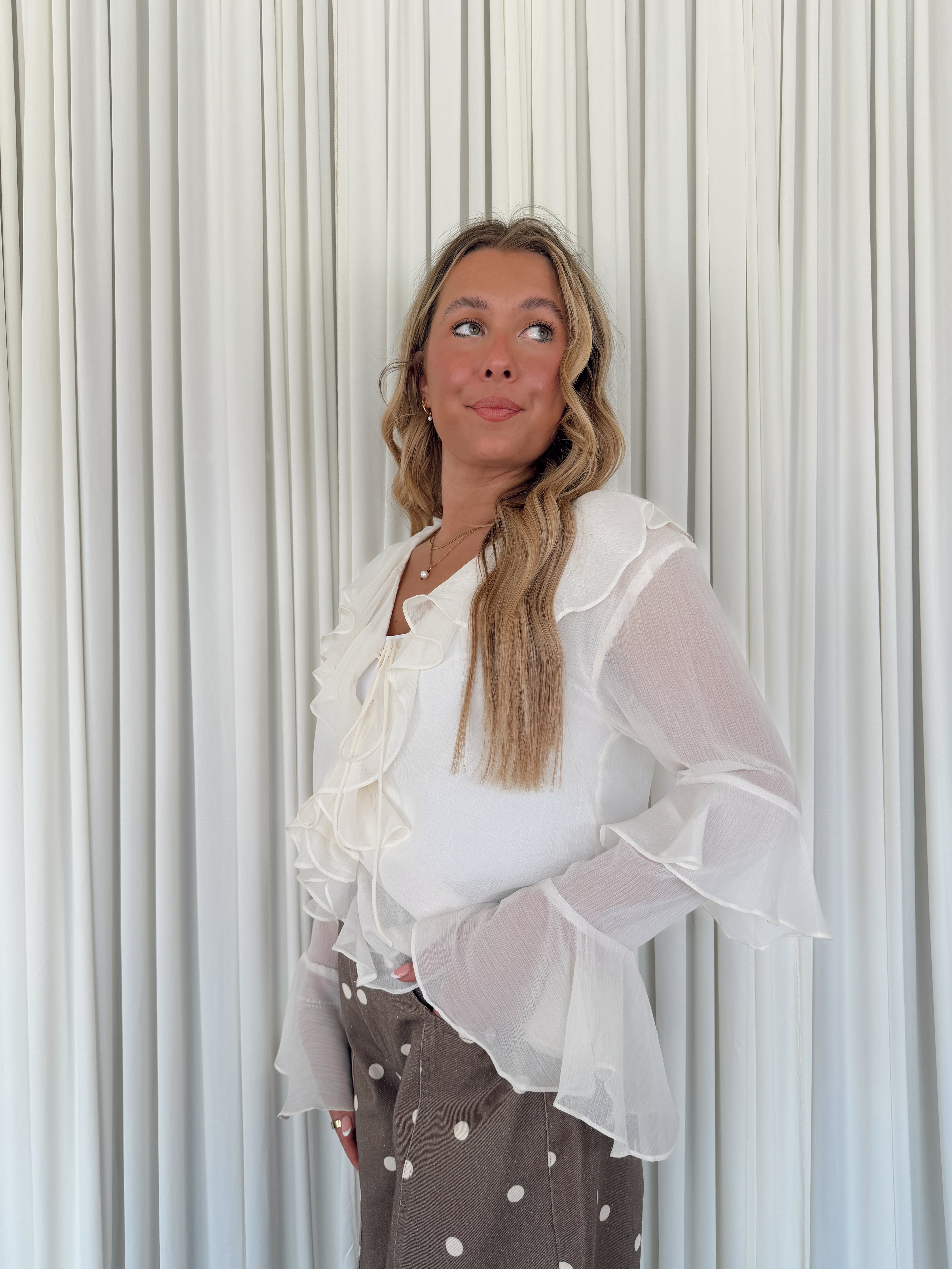 Sheer Tie-Front Ruffled Blouse