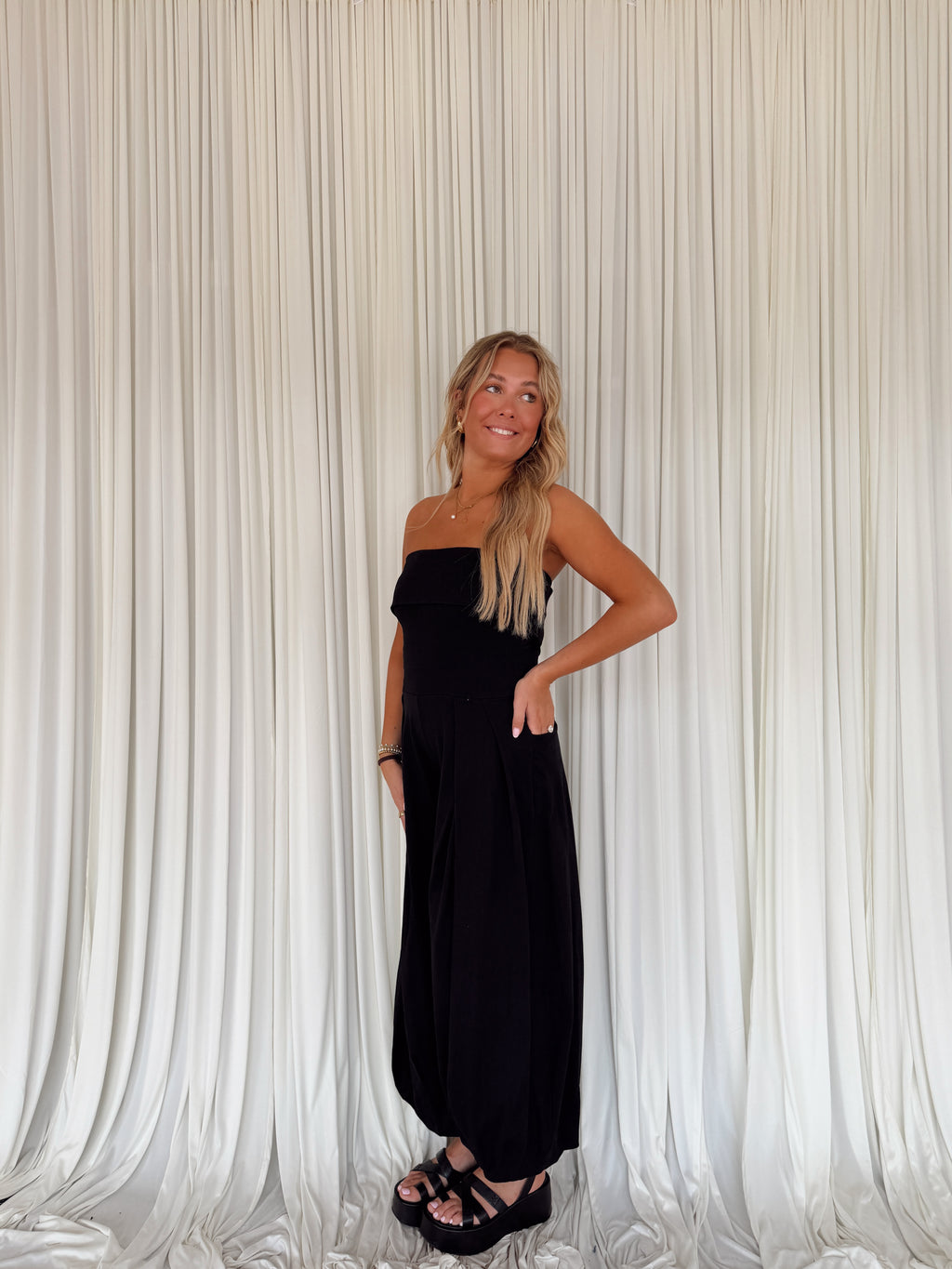 Strapless Pleated Barrel Jumpsuit