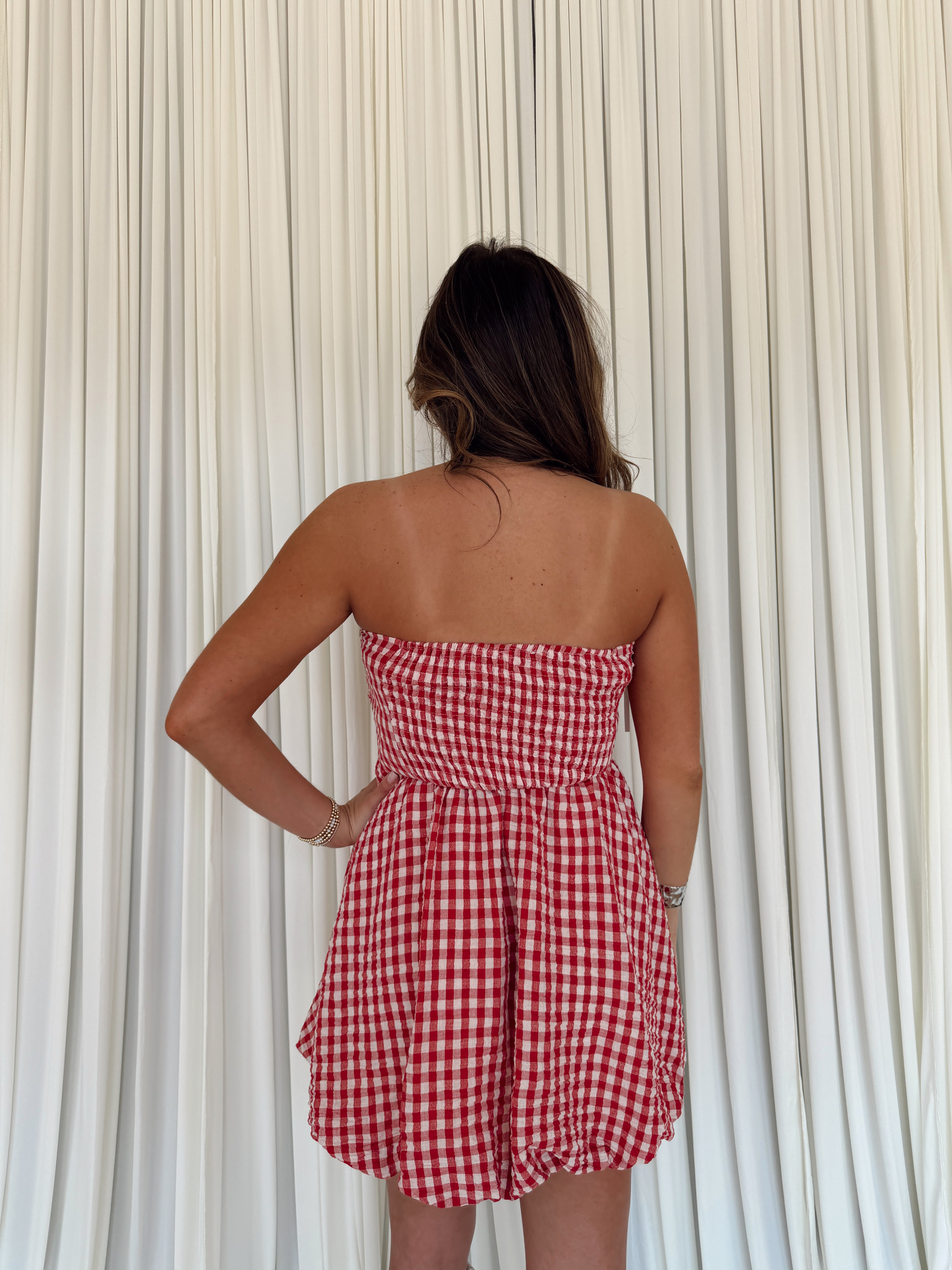 Gingham Print Smocking Tube Mini
