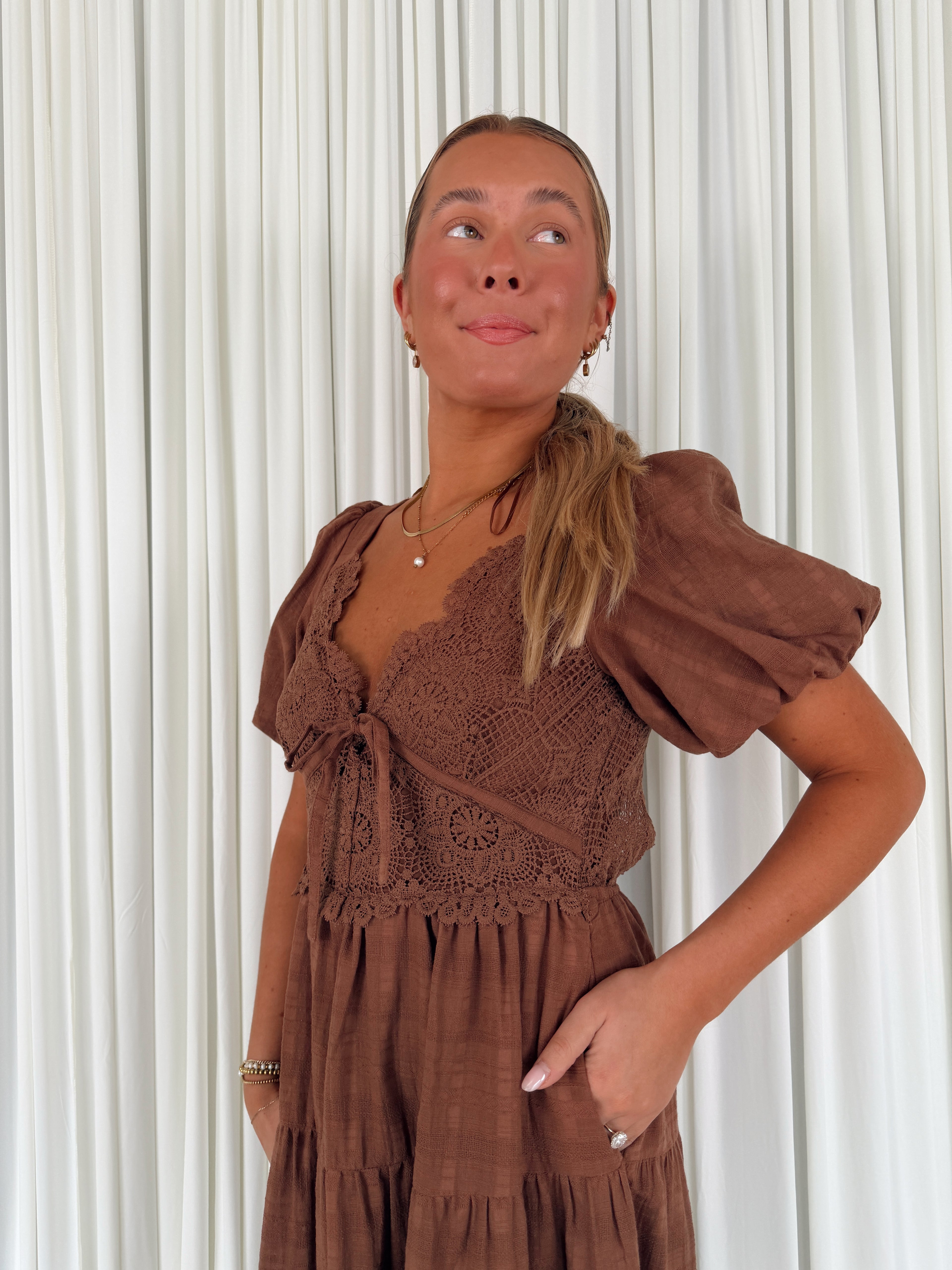Linen Lace Bubble Sleeve Maxi