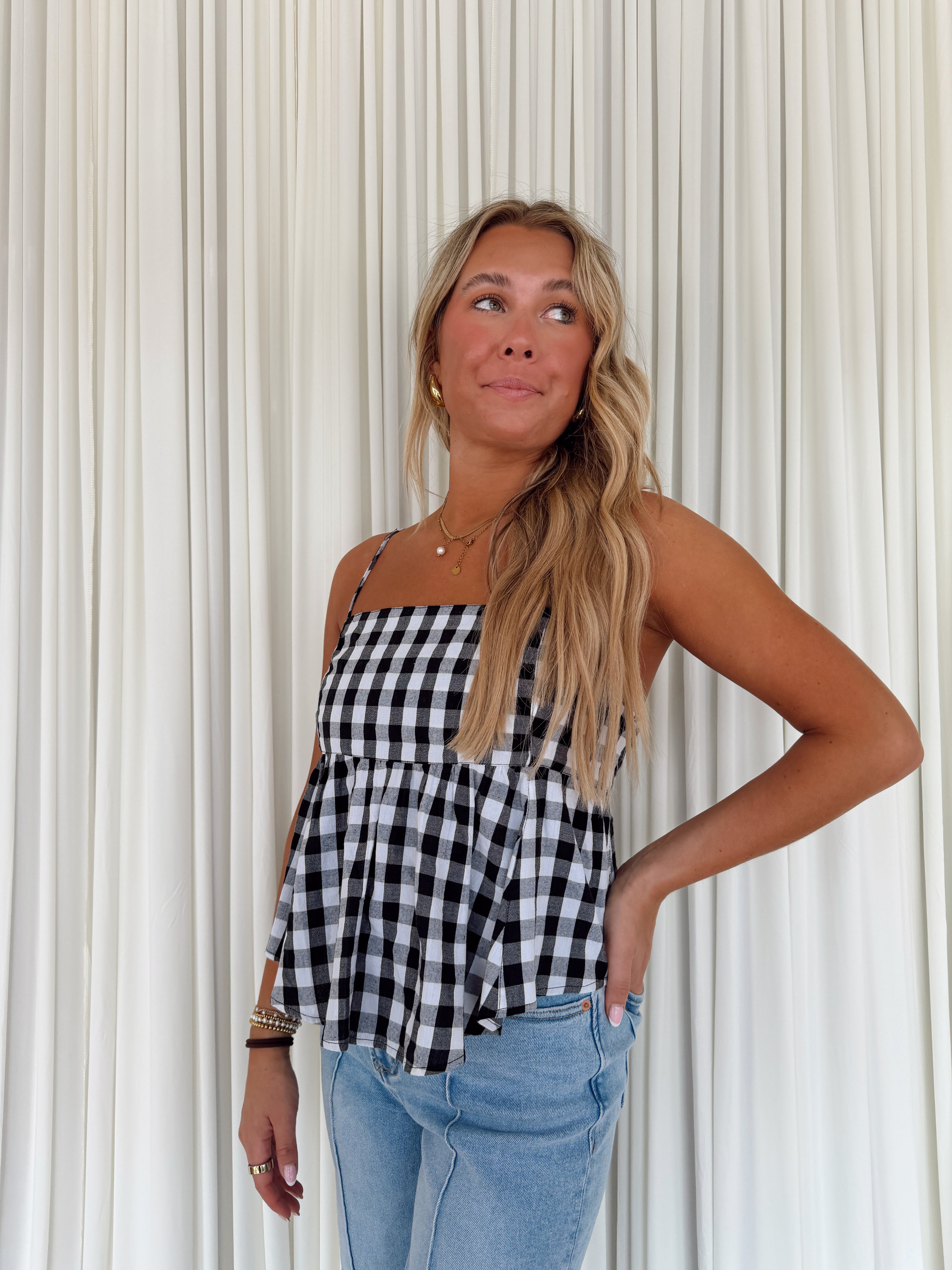 Gingham Woven Flowy Top