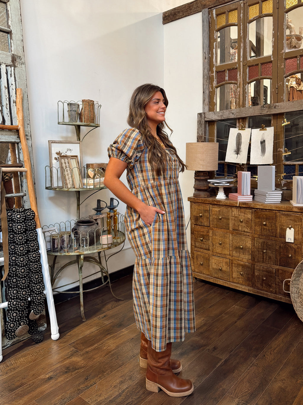Plaid Puff Sleeve Midi Dress