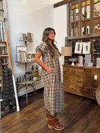 Plaid Puff Sleeve Midi Dress
