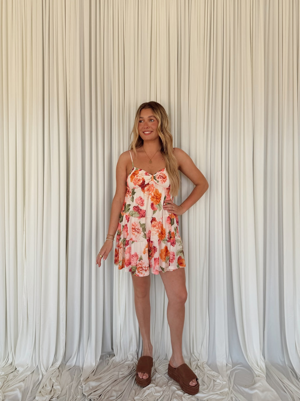 Floral Smocked Babydoll Cami Romper