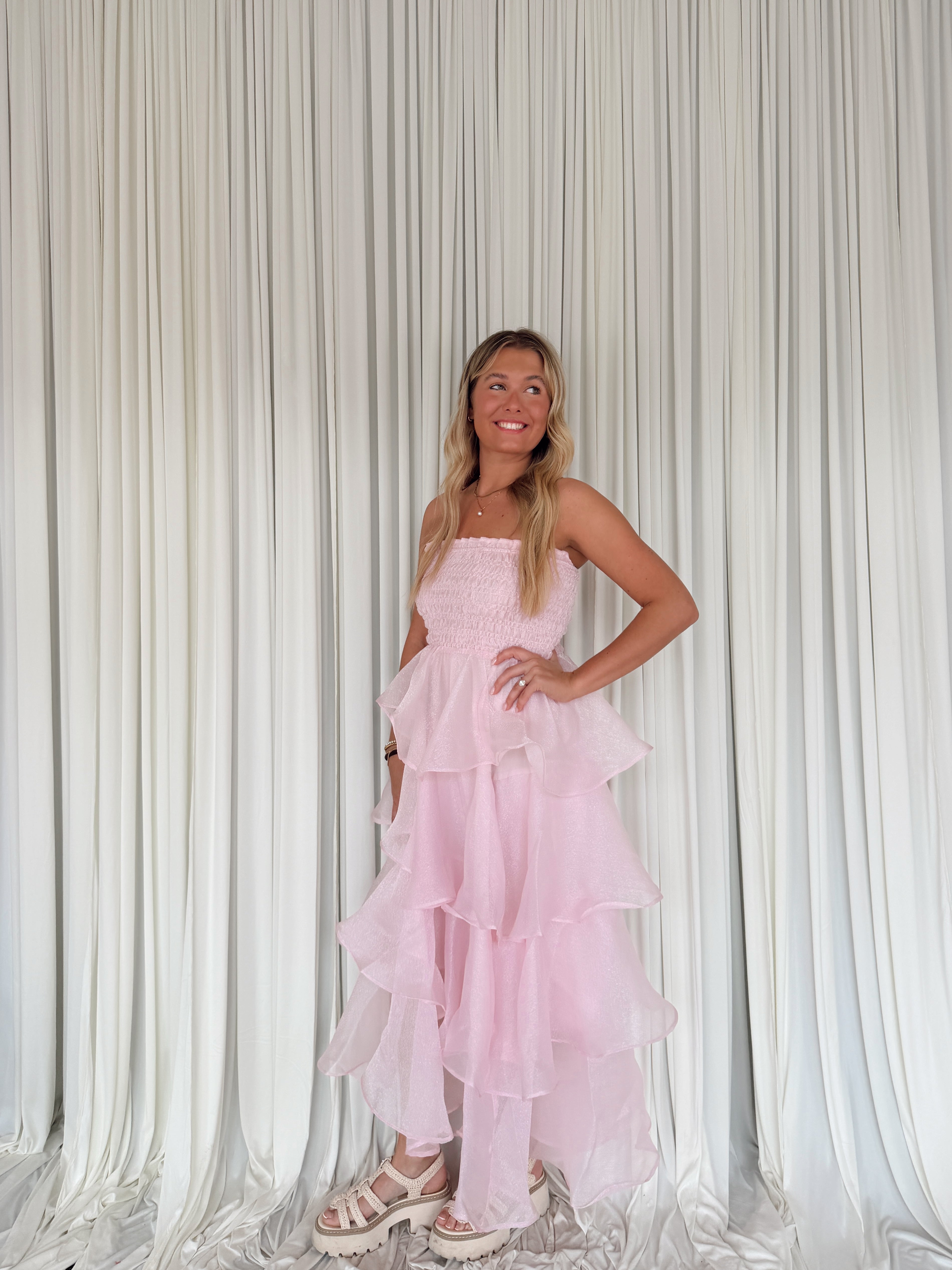 Layered Smocked Strapless Maxi Dress