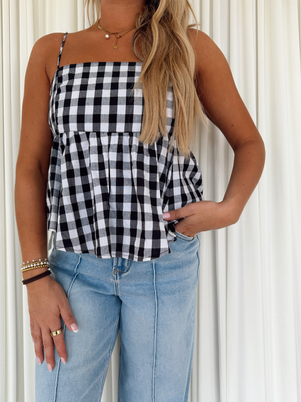 Gingham Woven Flowy Top