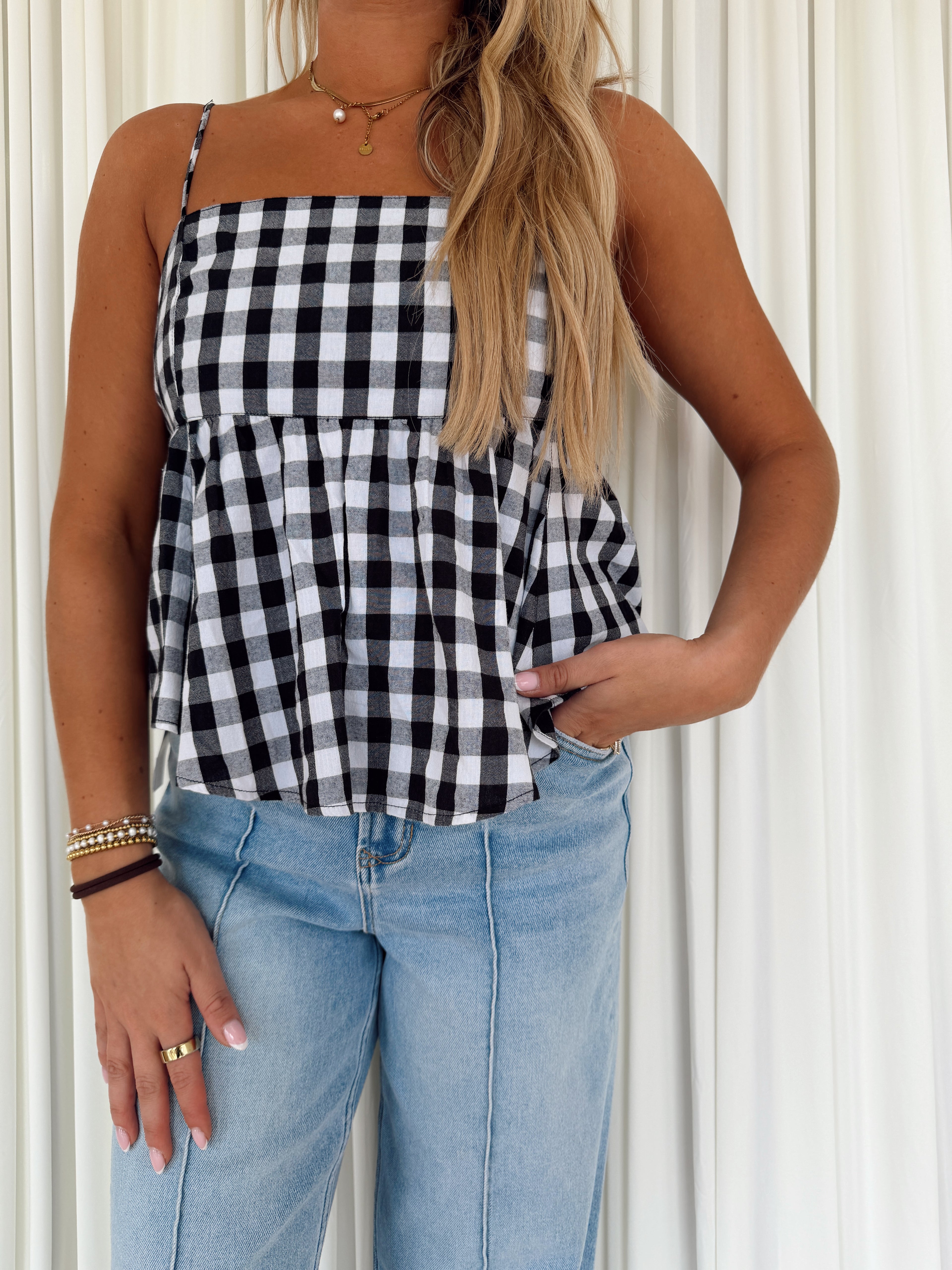 Gingham Woven Flowy Top