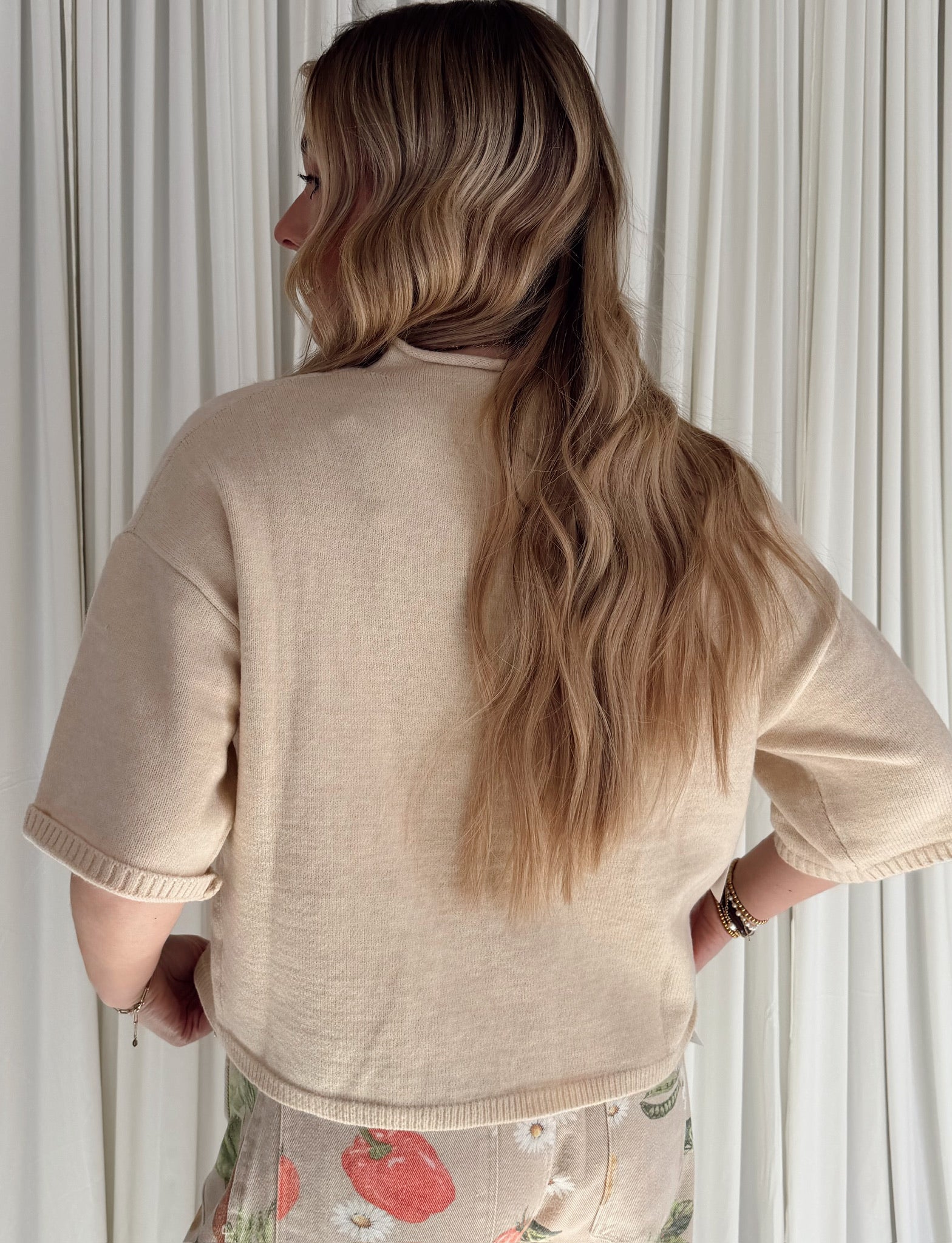 SJH15518 Solid Half Sleeve Cardigan