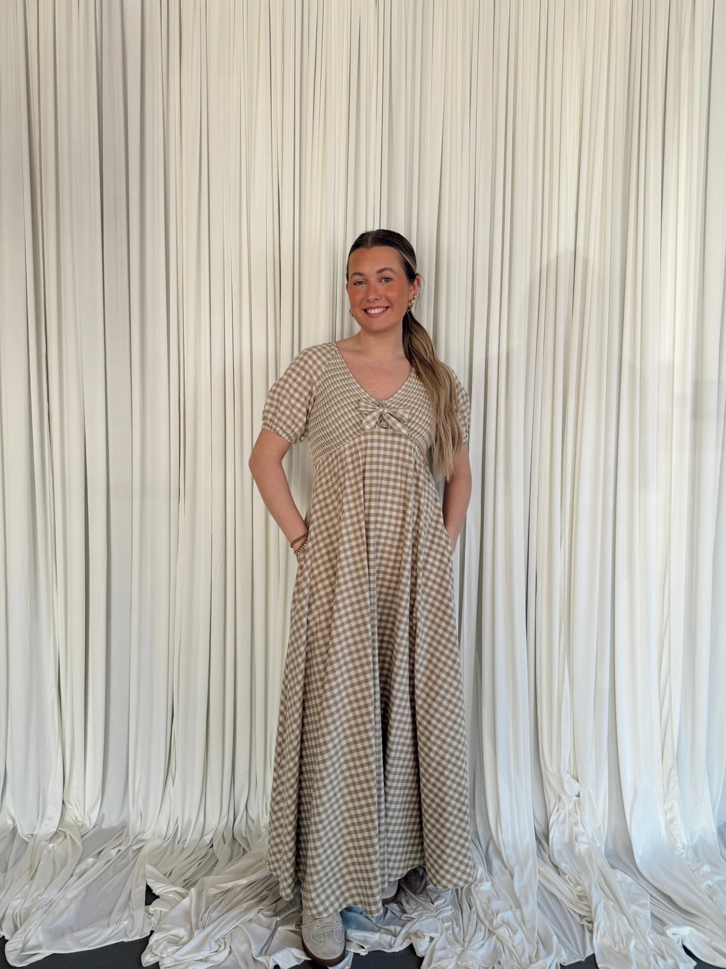 ILD6633 Smocked Gingham Maxi Dress