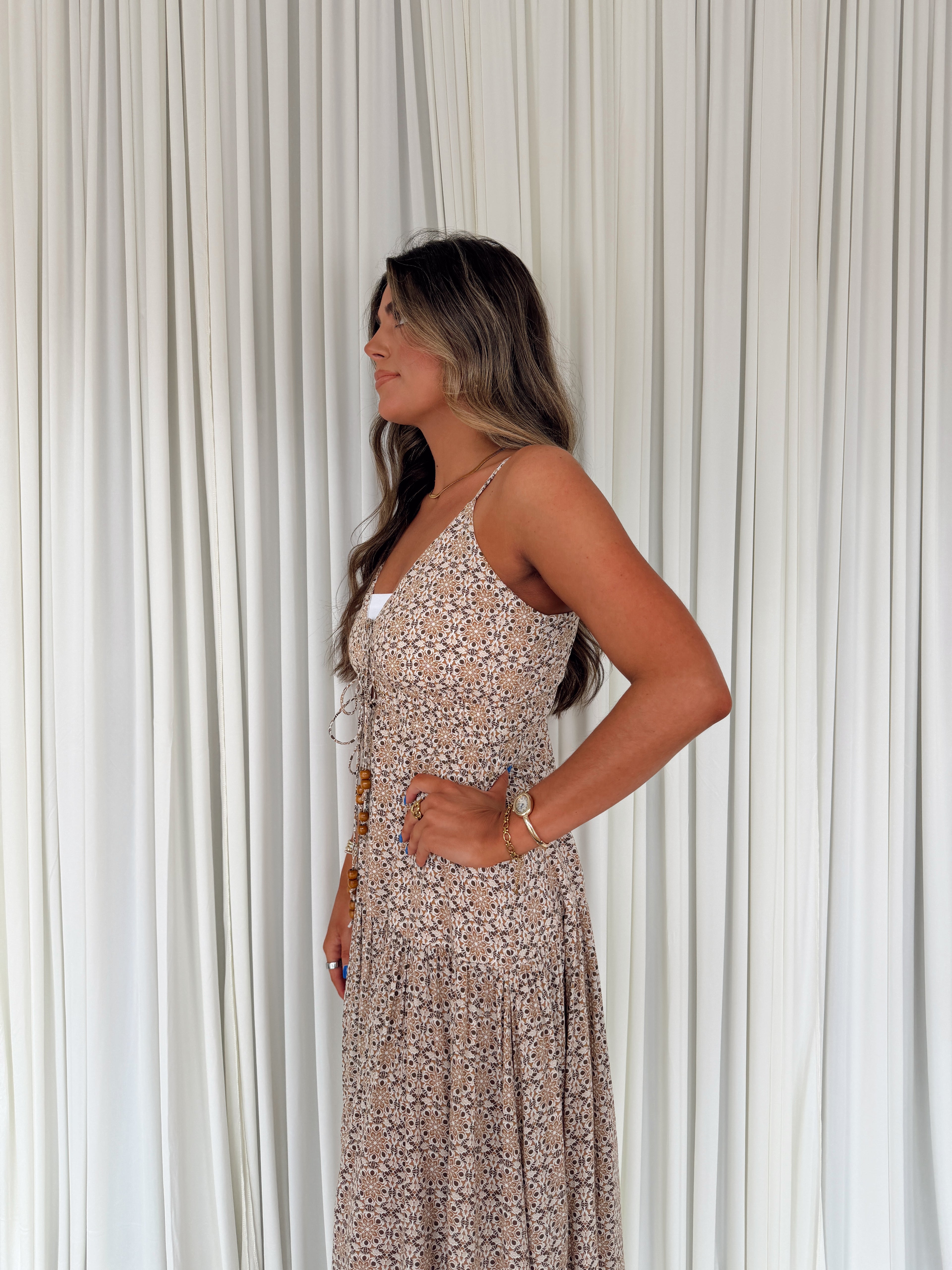 Neutral Floral Tie Front Maxi Dress