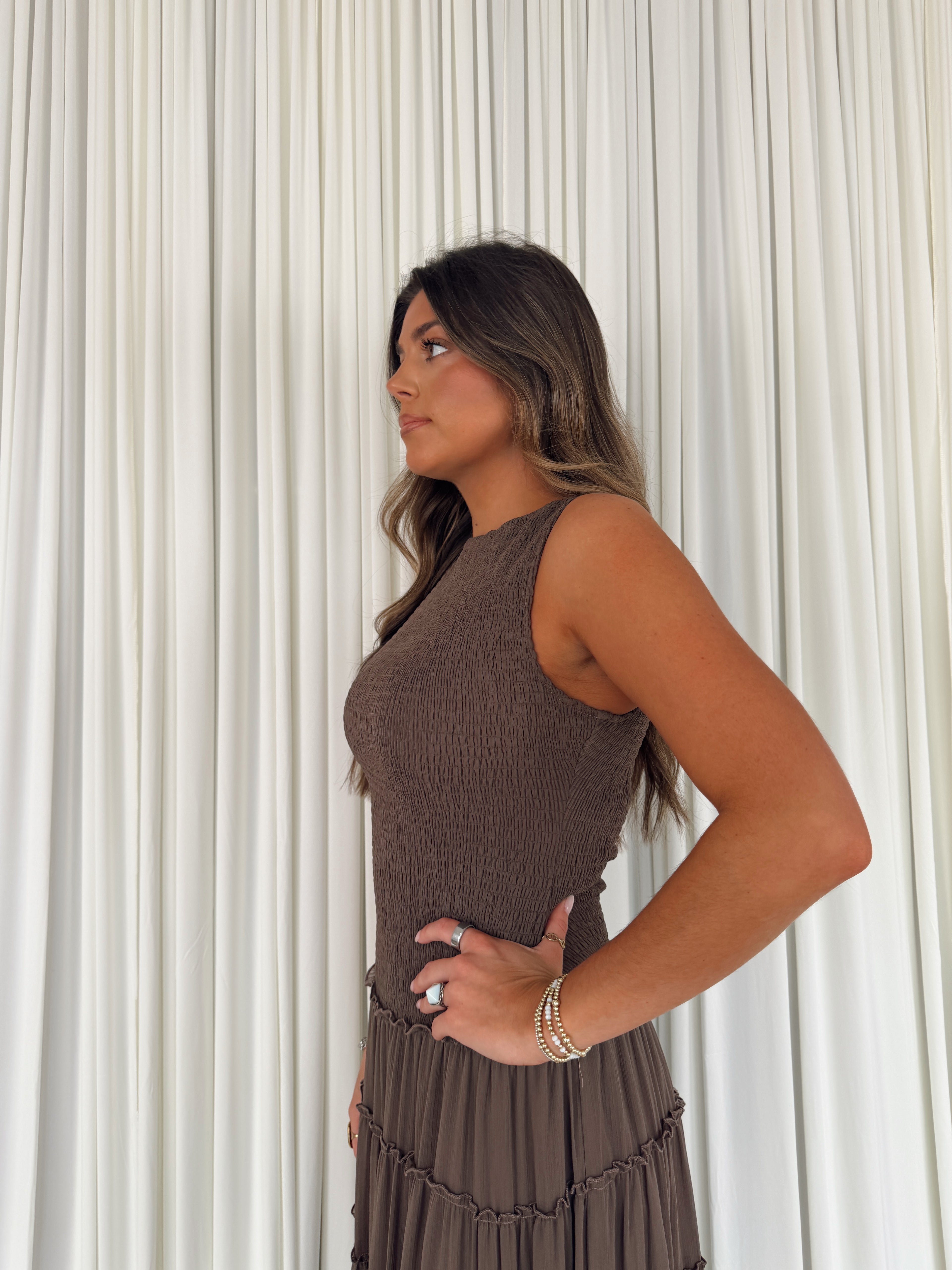 Smocked Boat Neck Maxi Dress