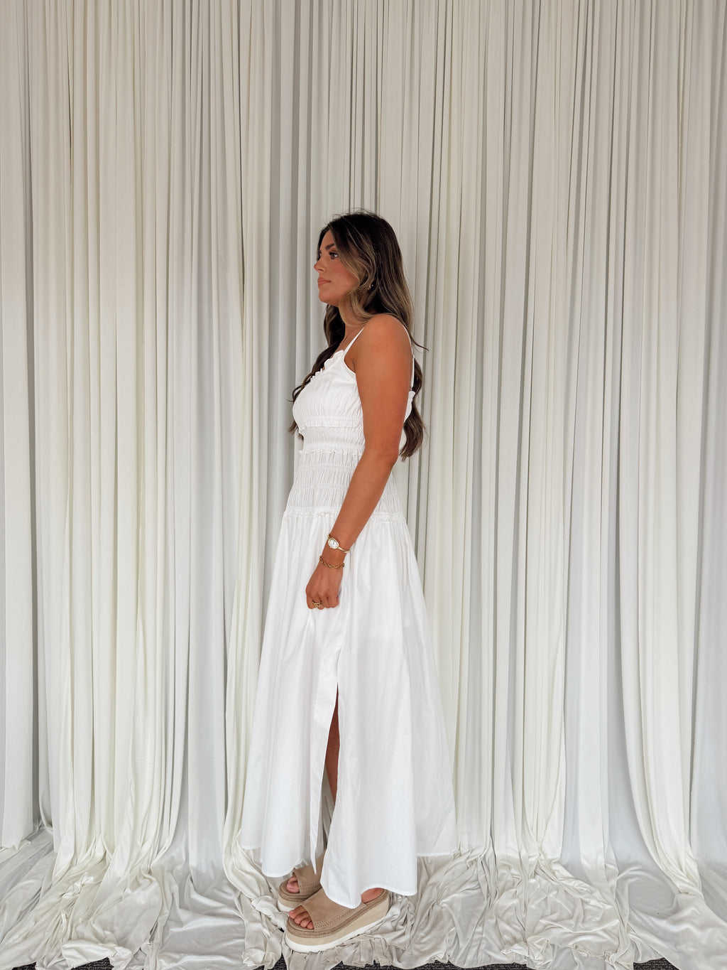 White Smocked Maxi Cotton Dress