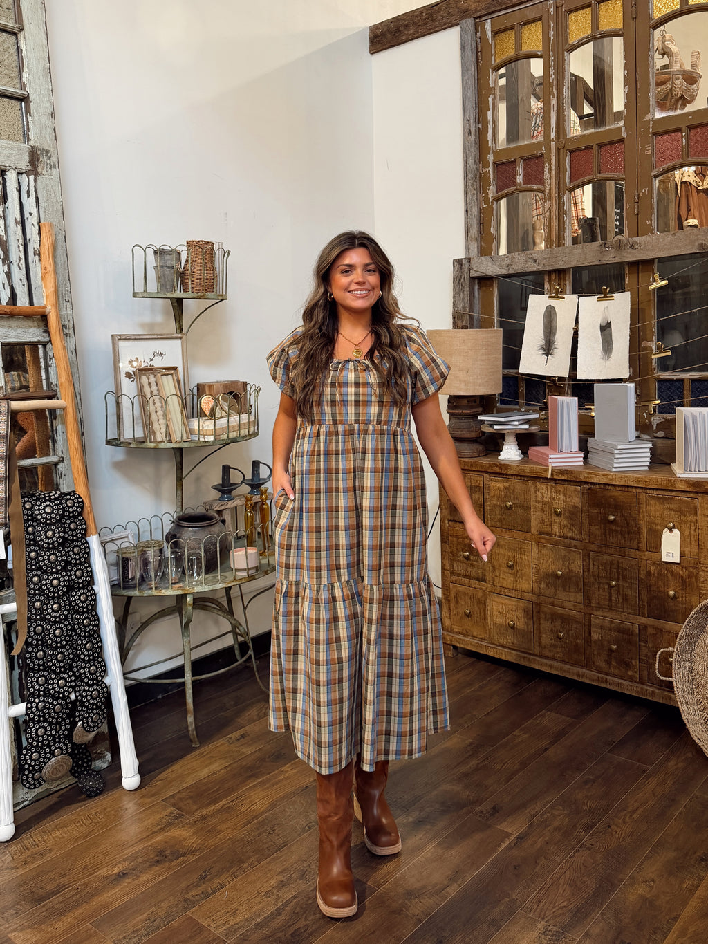 Plaid Puff Sleeve Midi Dress