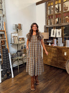 Plaid Puff Sleeve Midi Dress