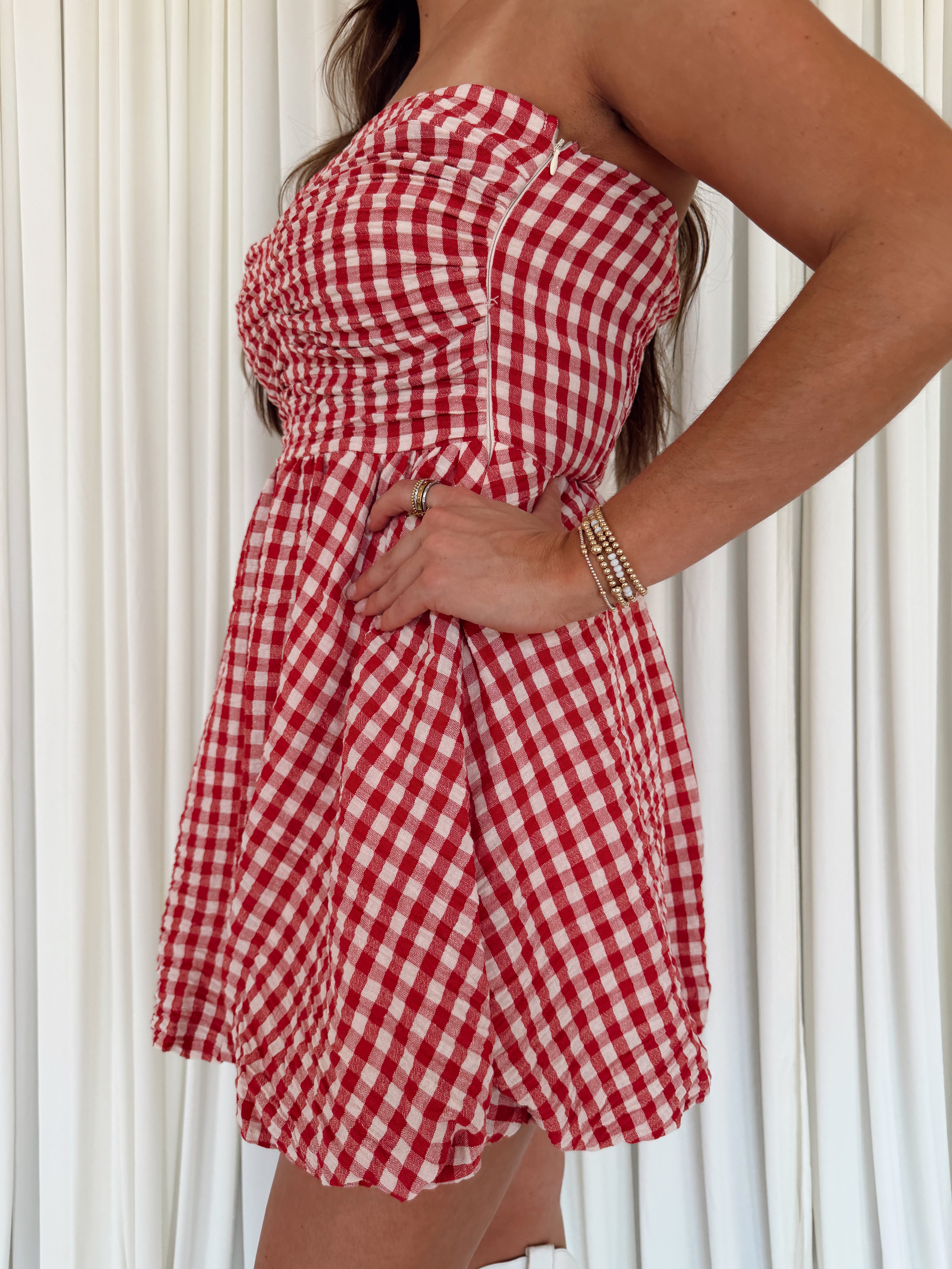 Gingham Print Smocking Tube Mini
