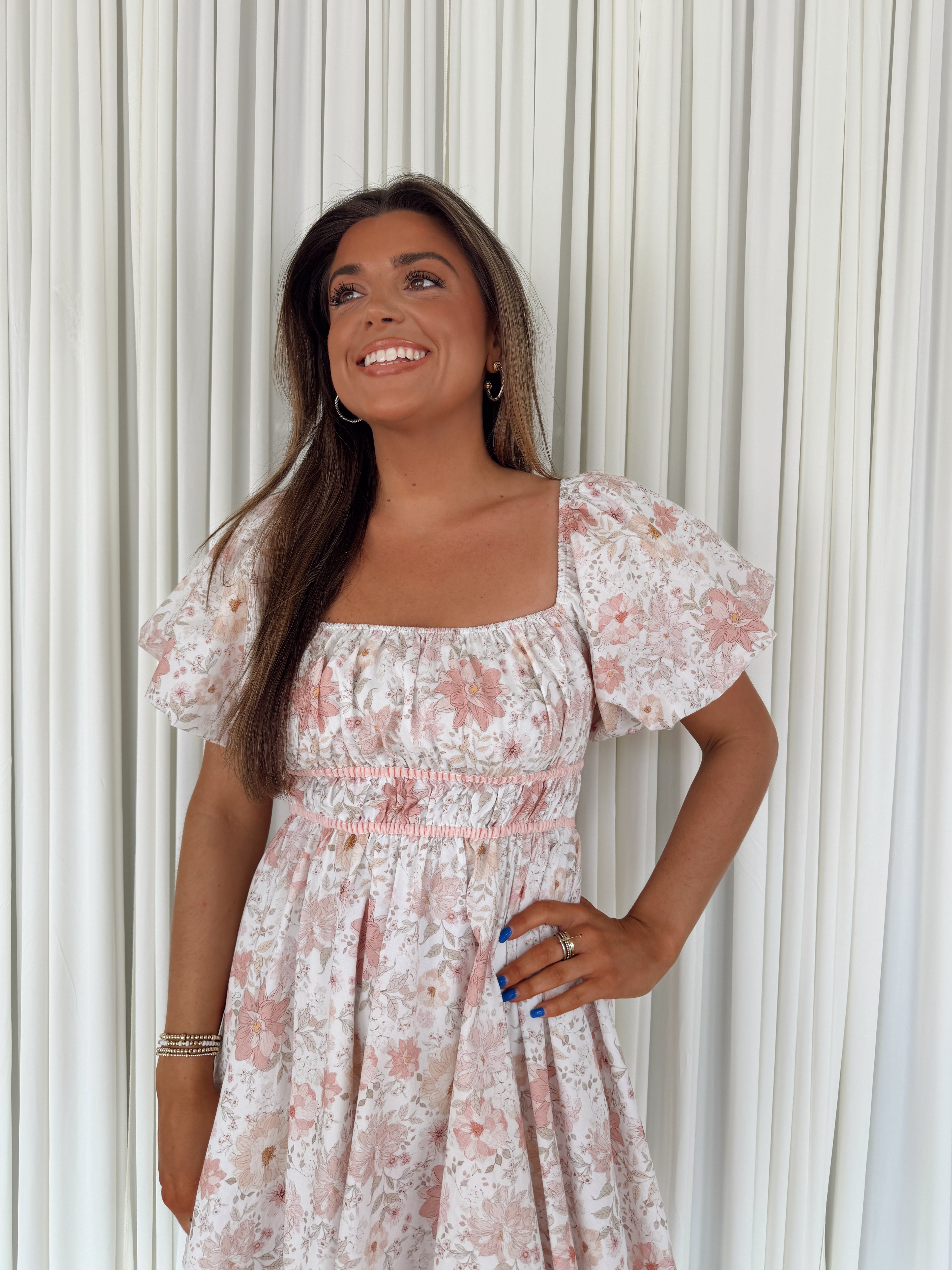 Floral Print Puff Short Sleeve Mini