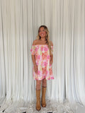 Abstract Off-Shoulder Smocked Floral Dress