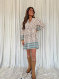 Blue Whimsey Floral V-Neck Tassel Mini Dress