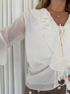 Sheer Tie-Front Ruffled Blouse