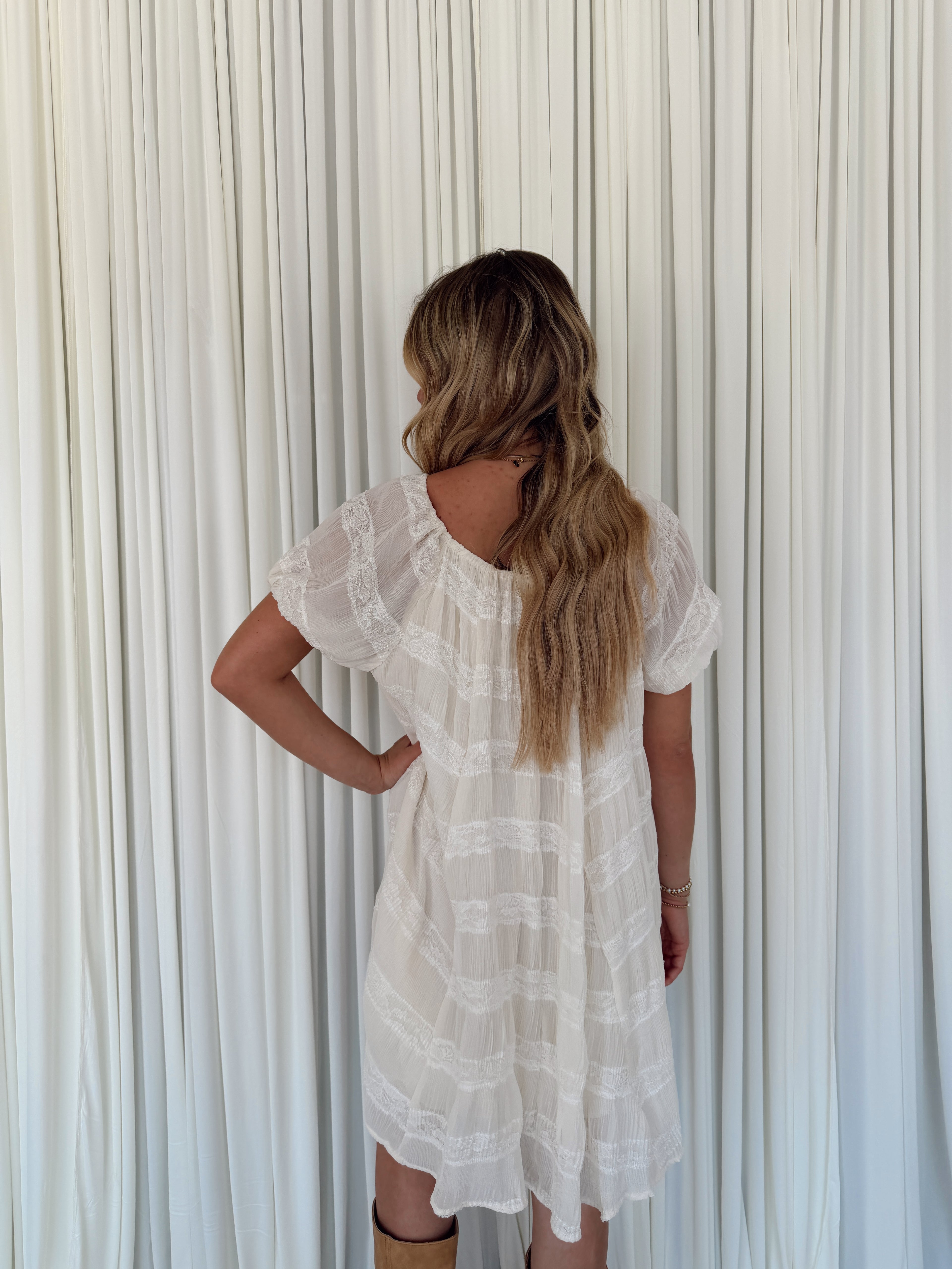 Pleated Lace Striped Mini Dress