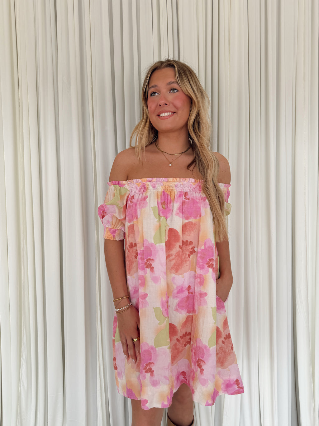 Abstract Off-Shoulder Smocked Floral Dress