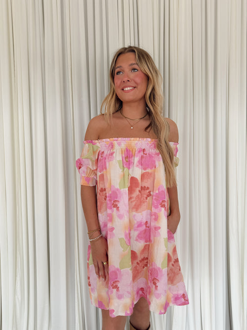 Abstract Off-Shoulder Smocked Floral Dress