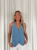 Denim Back Tie Halter Vest