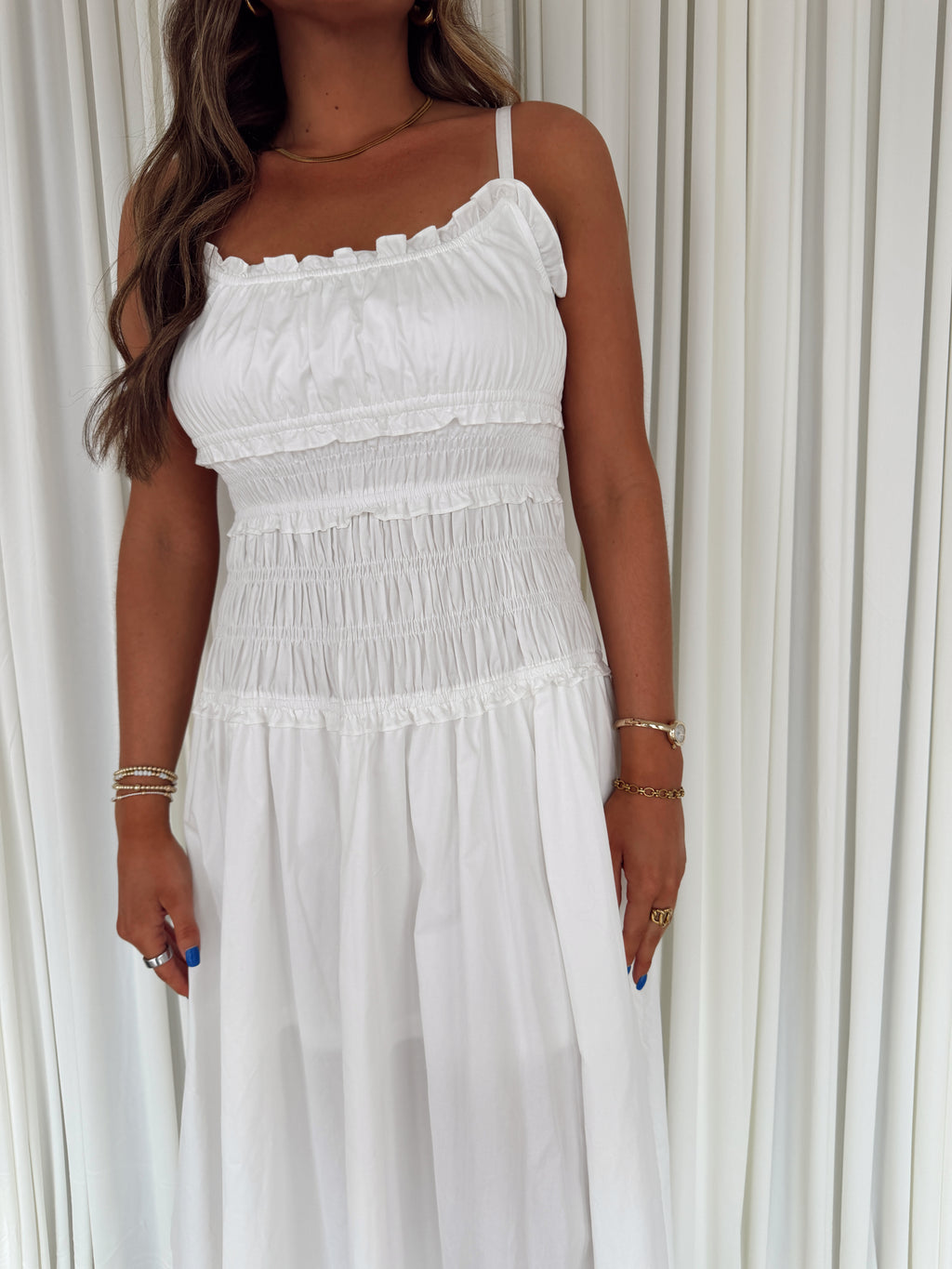 White Smocked Maxi Cotton Dress