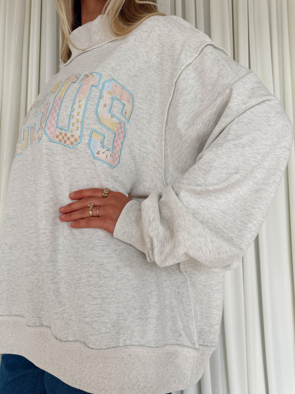 Patchwork "JESUS" Mock-neck Sweatshirt