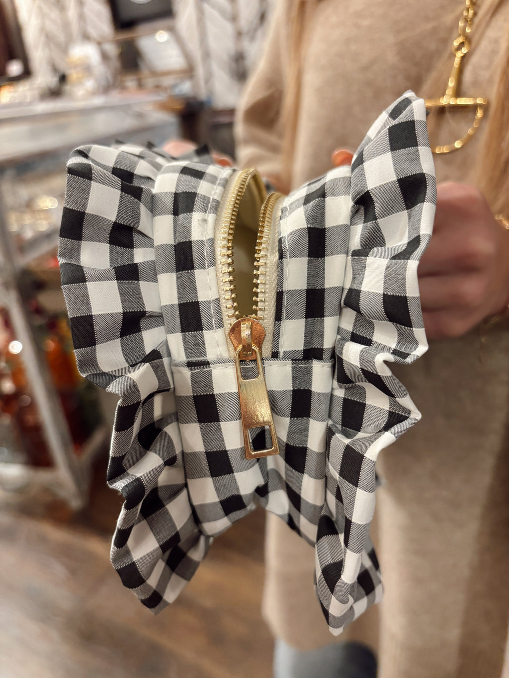 Gingham Ruffle Cosmetic Bag