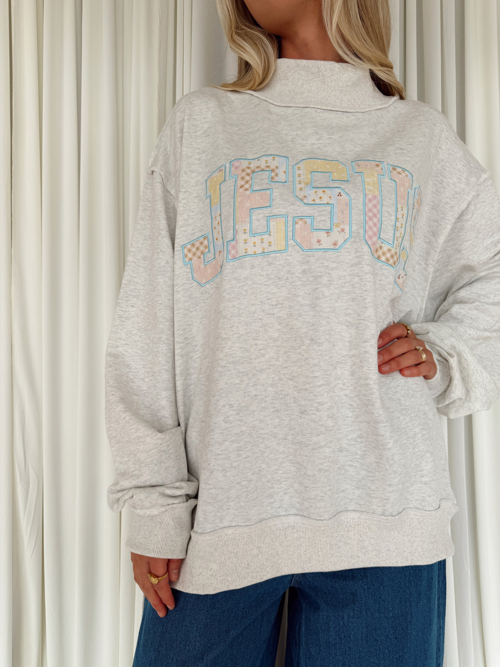 Patchwork "JESUS" Mock-neck Sweatshirt