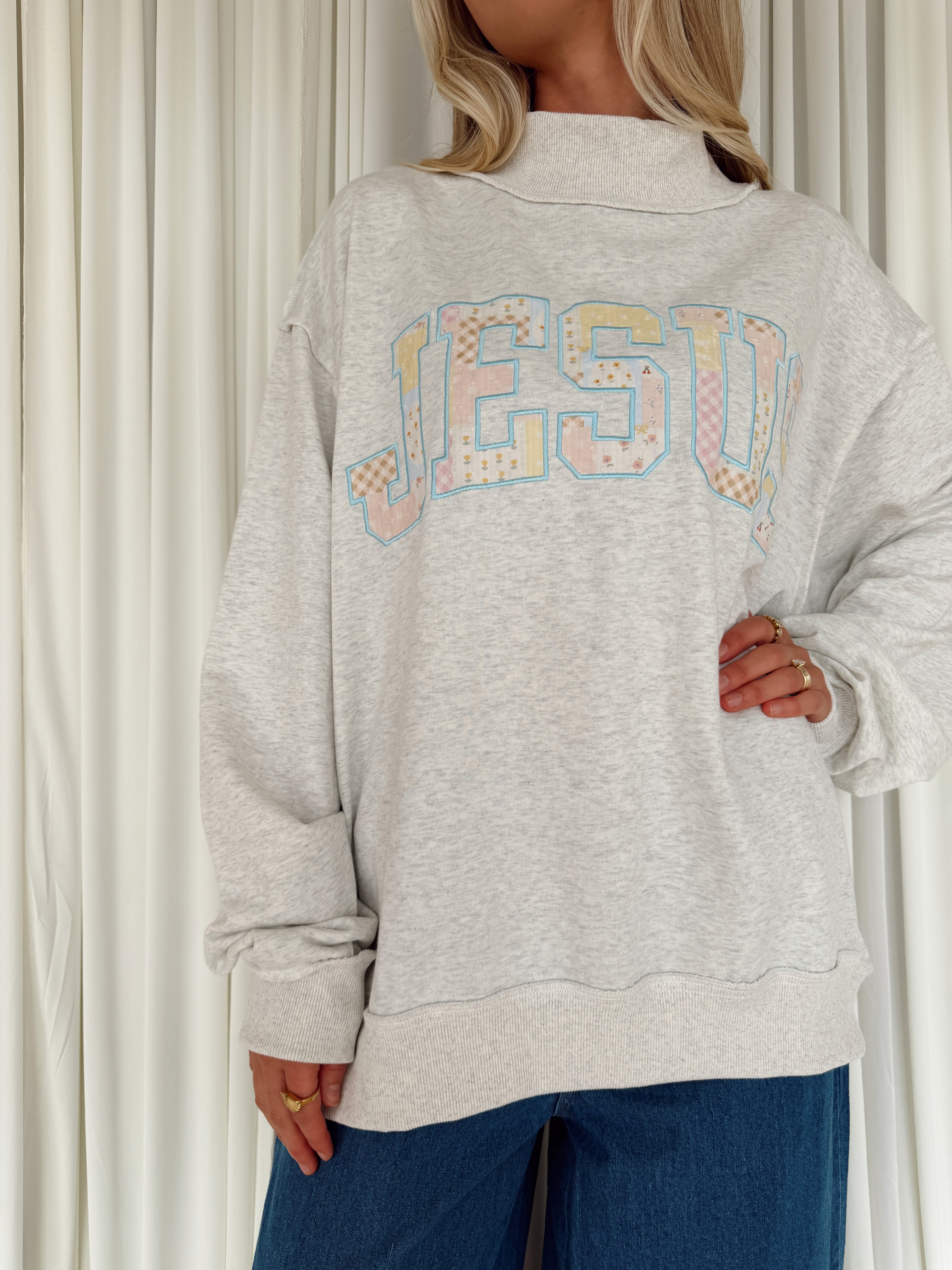 Patchwork "JESUS" Mock-neck Sweatshirt