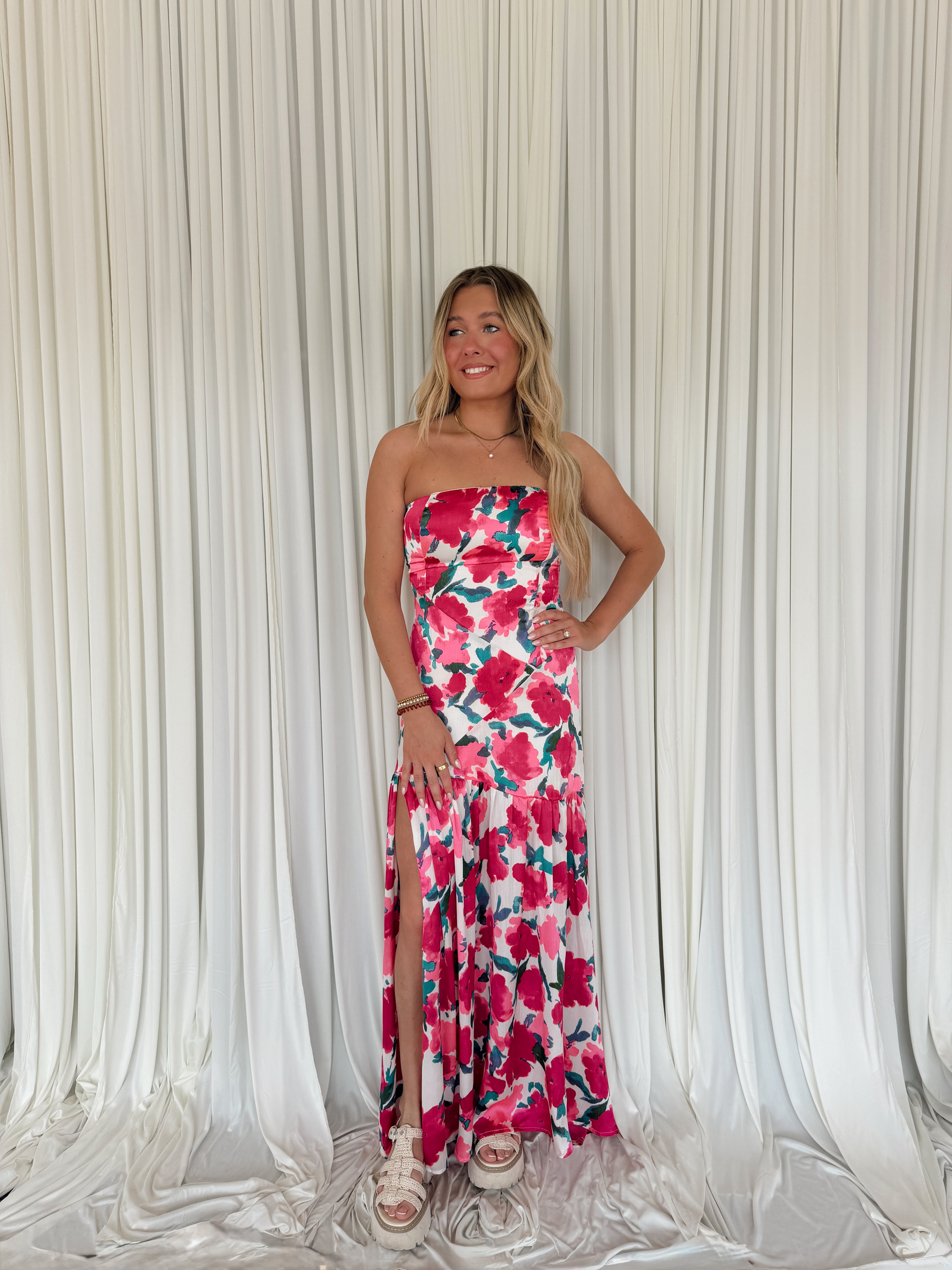 Floral Strapless Drop Waist Maxi Dress - Pink Peony / S Floral Strapless Drop Waist Maxi Dress - Pink Peony / S