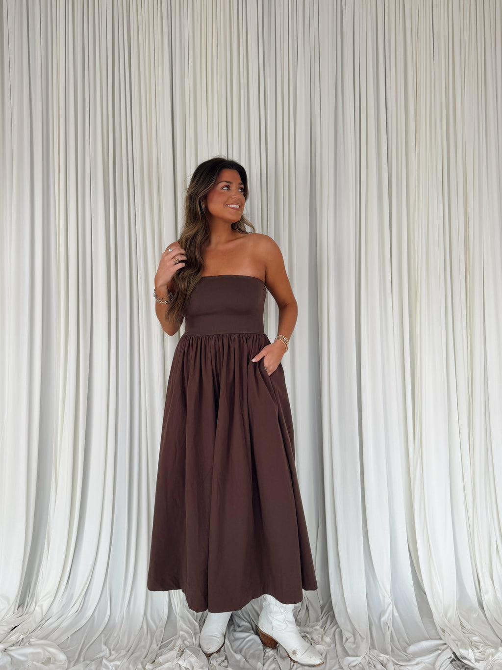 strapless flowy dress Strapless Flowy Midi Dress – Seven & James
