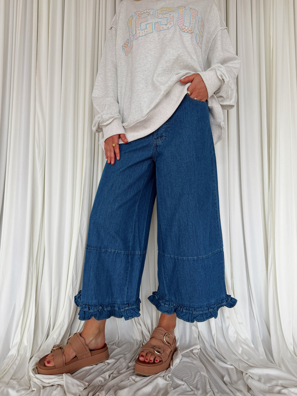 Denim Ruffle Bottom Pants
