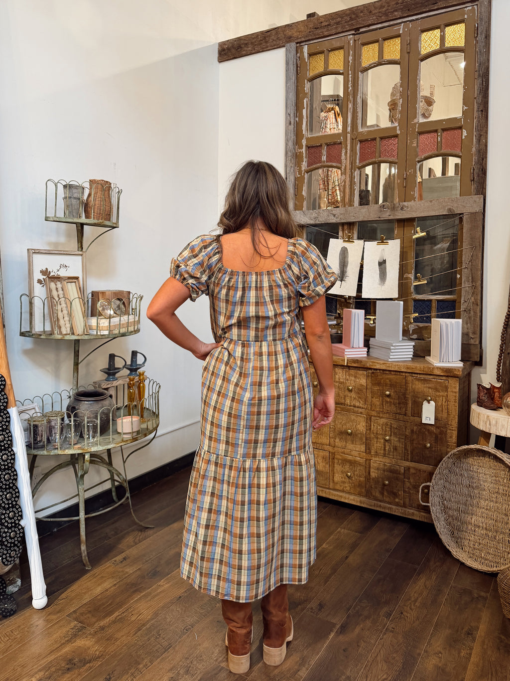 Plaid Puff Sleeve Midi Dress