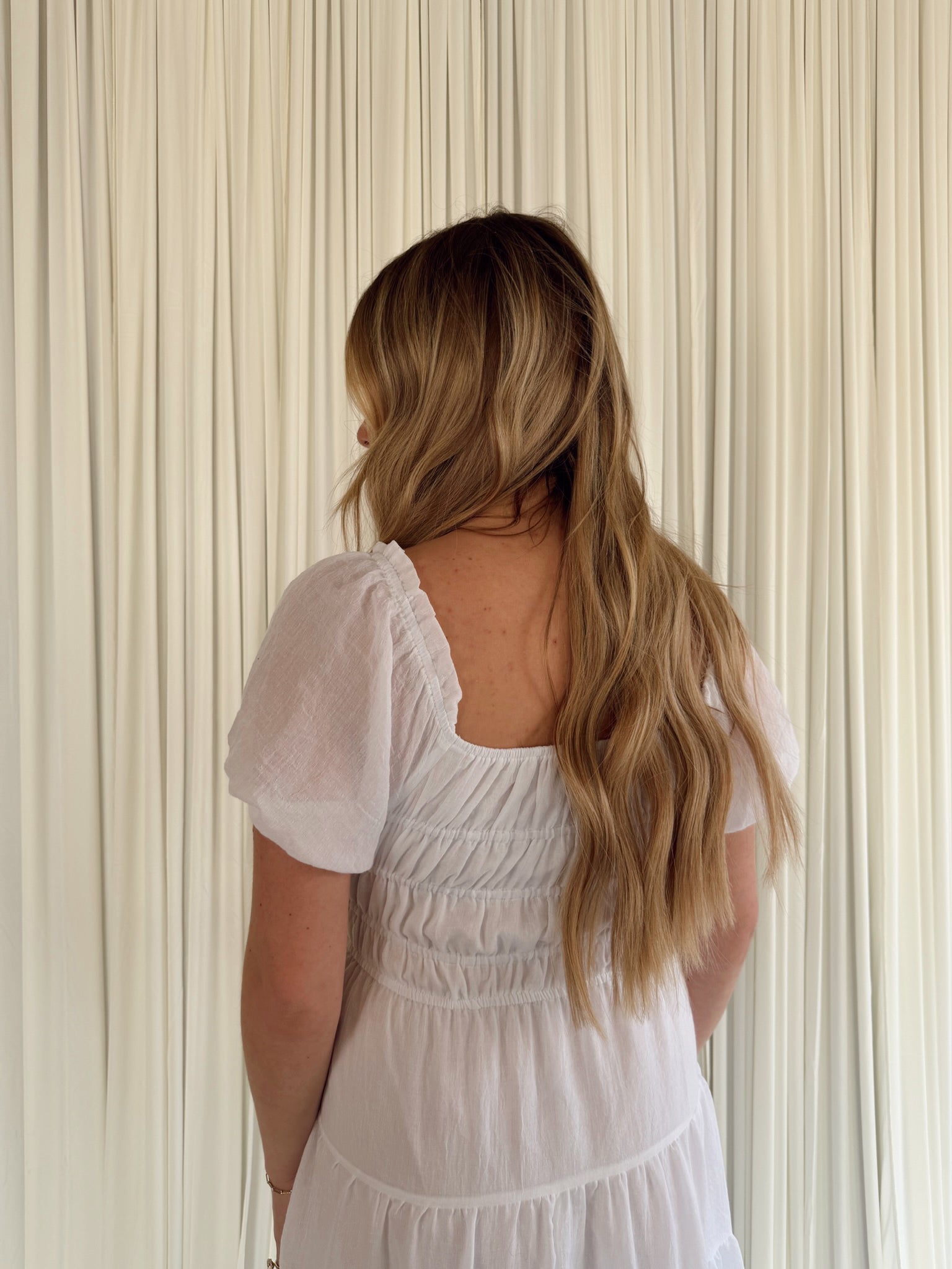 White Bubble Sleeve Elastic Waist Maxi Dress