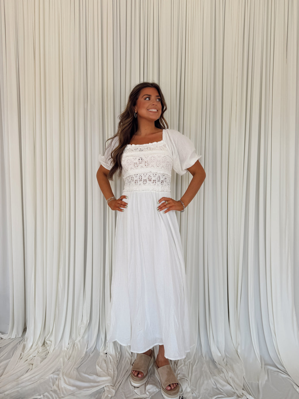 Square Neck Smocked Flare Midi Dress