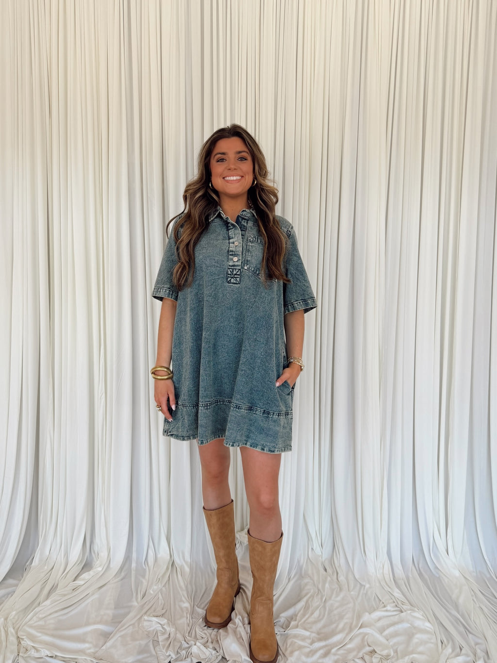 Denim Collared Short Sleeve Dress