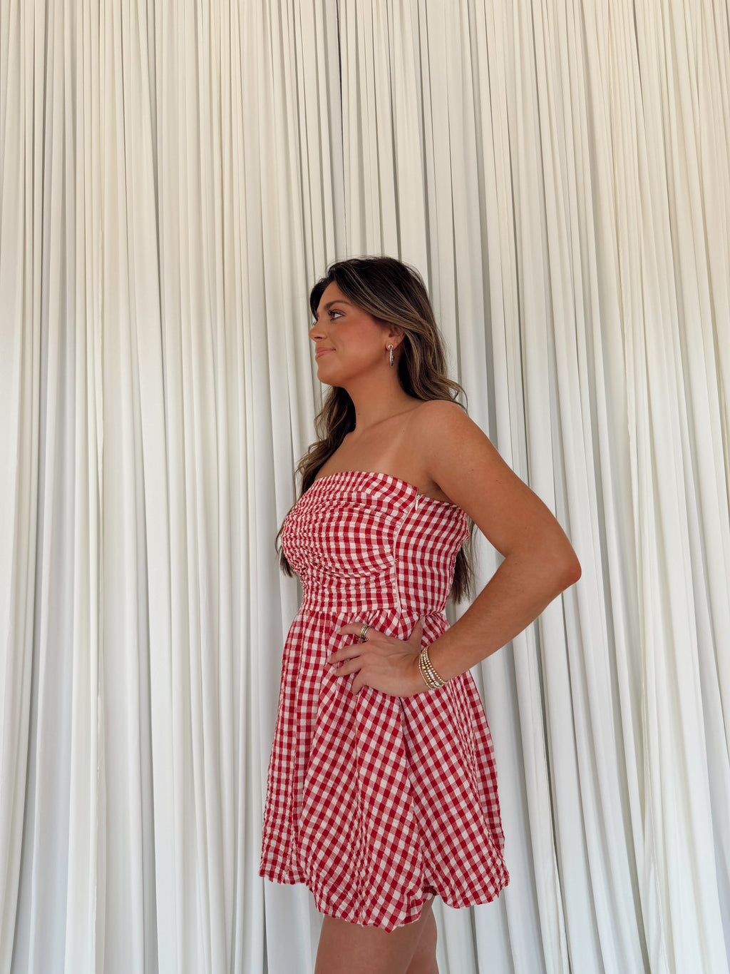 Gingham Print Smocking Tube Mini