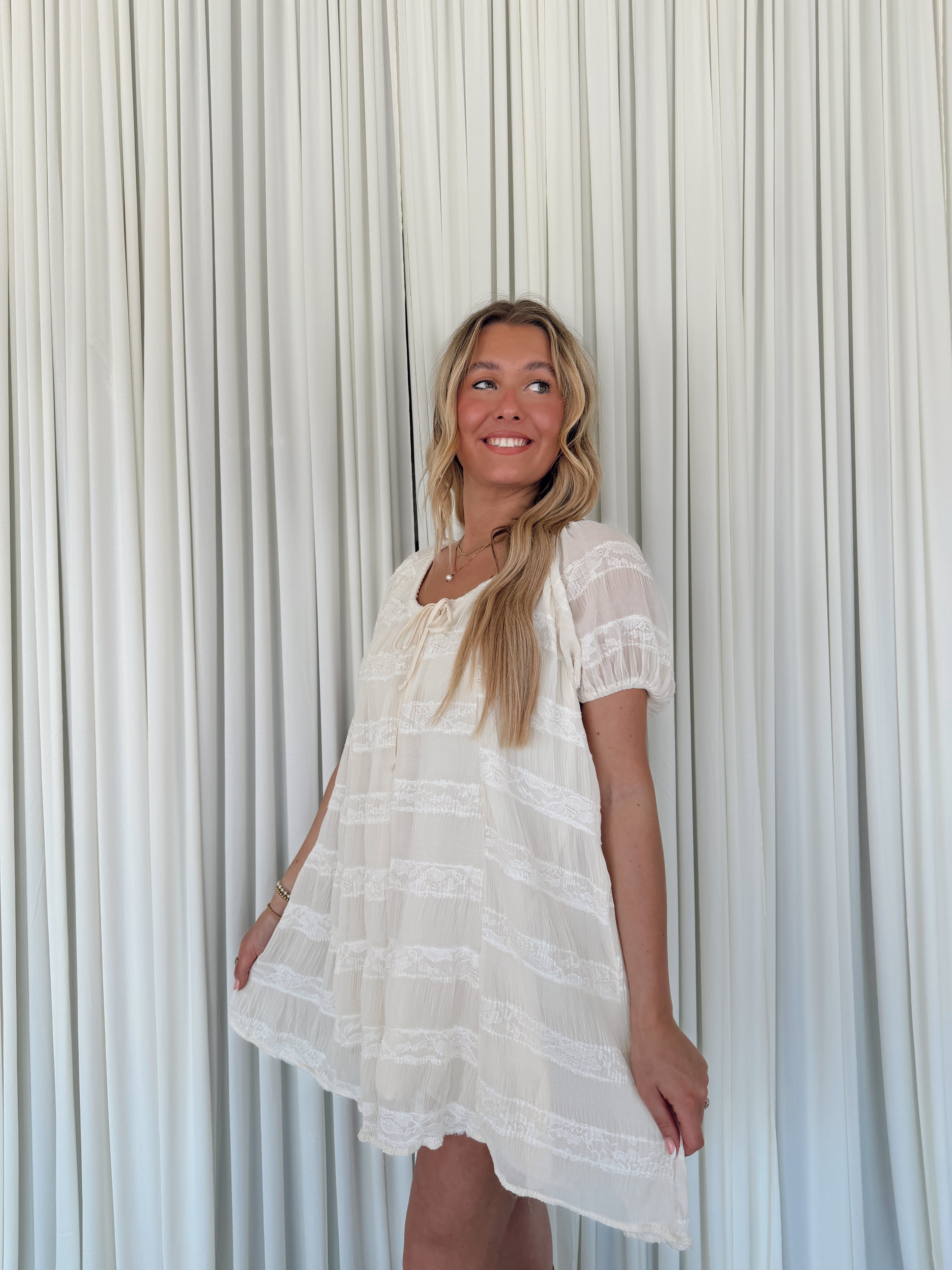 Pleated Lace Striped Mini Dress