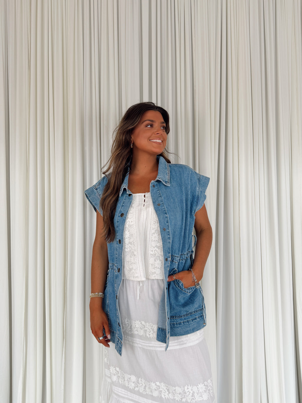 Denim Button-Up Vest with Ties