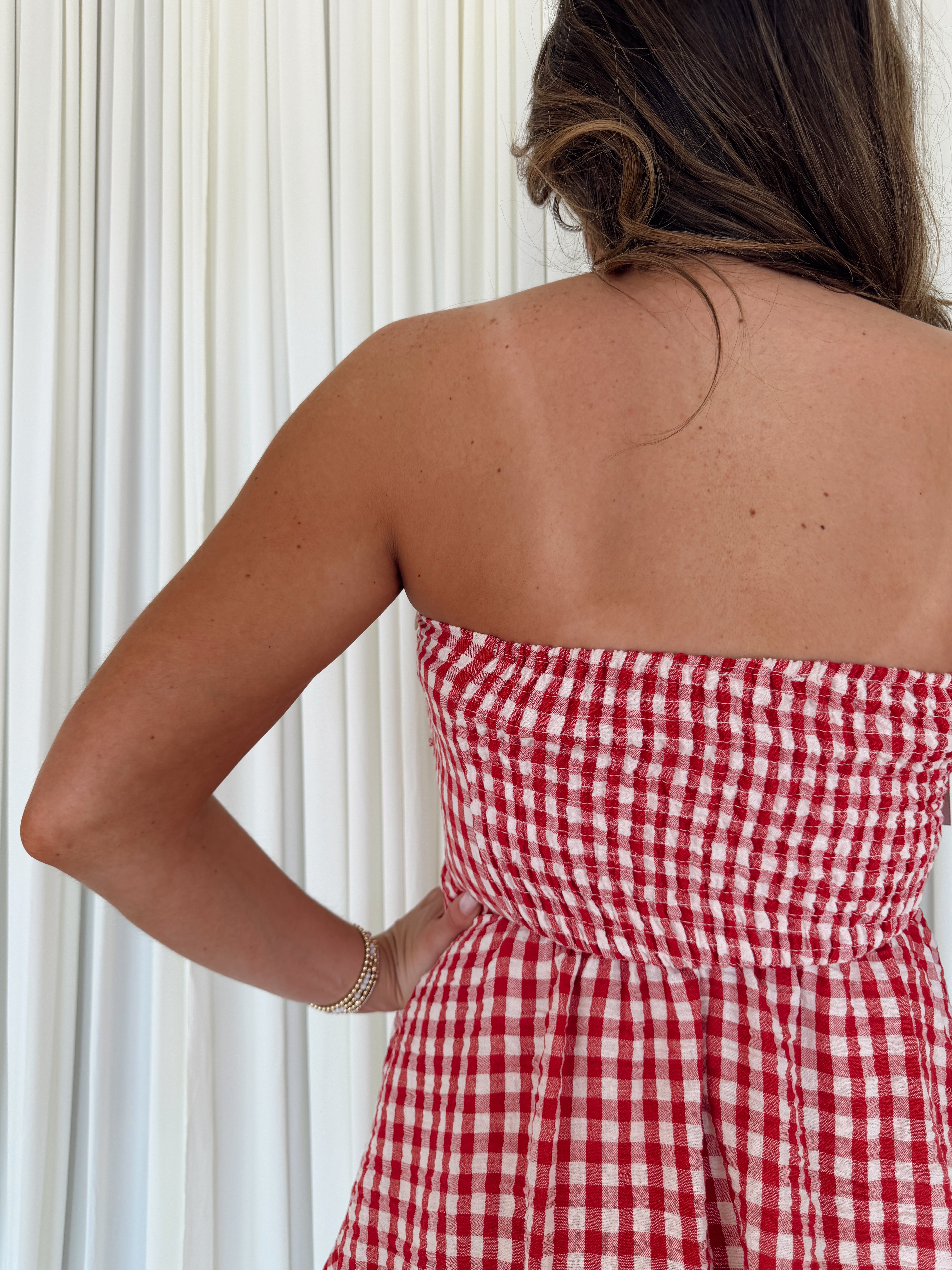 Gingham Print Smocking Tube Mini