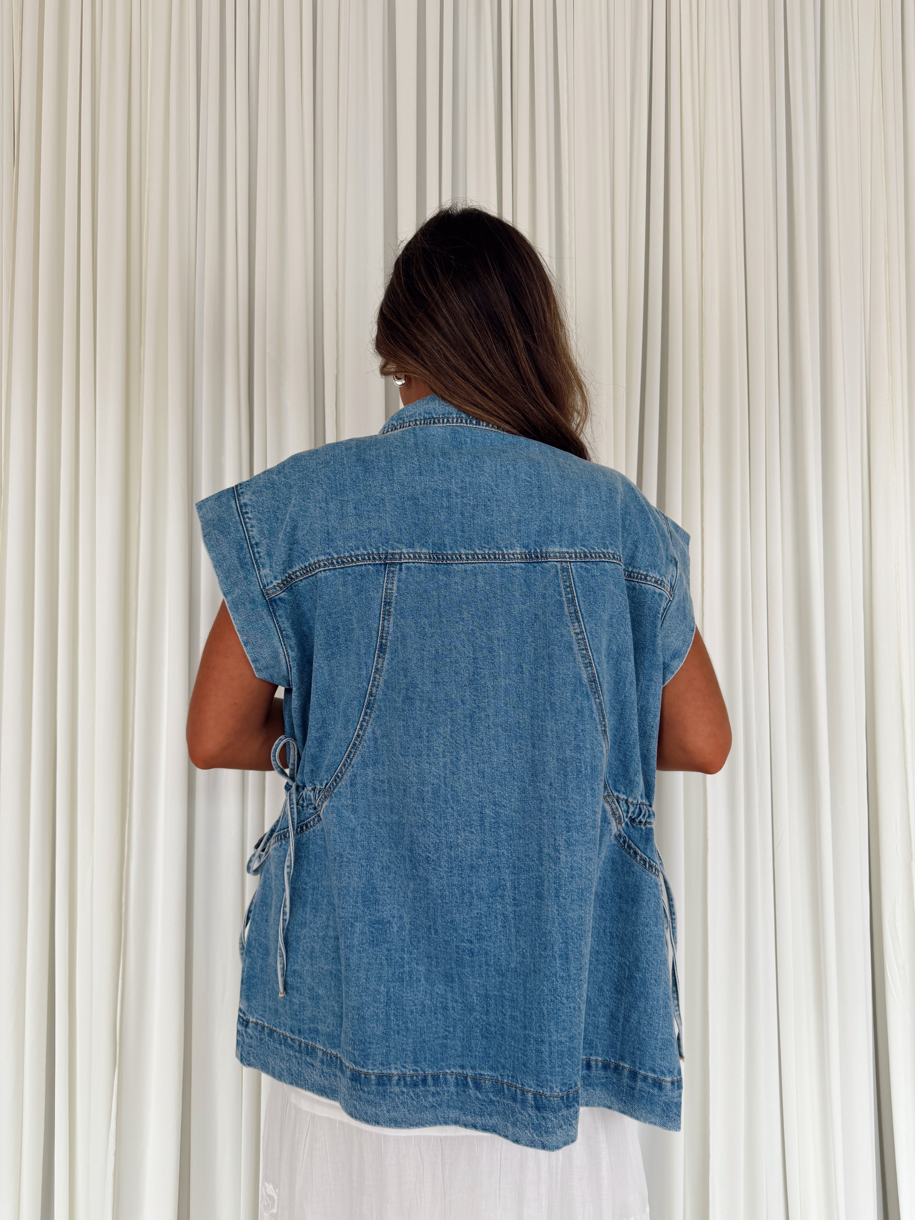 Denim Button-Up Vest with Ties