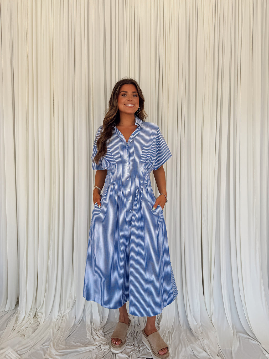 Striped Dolman Sleeve Pleated Maxi Dress Seven & James Striped Dolman Sleeve Pleated Maxi Dress Seven & James