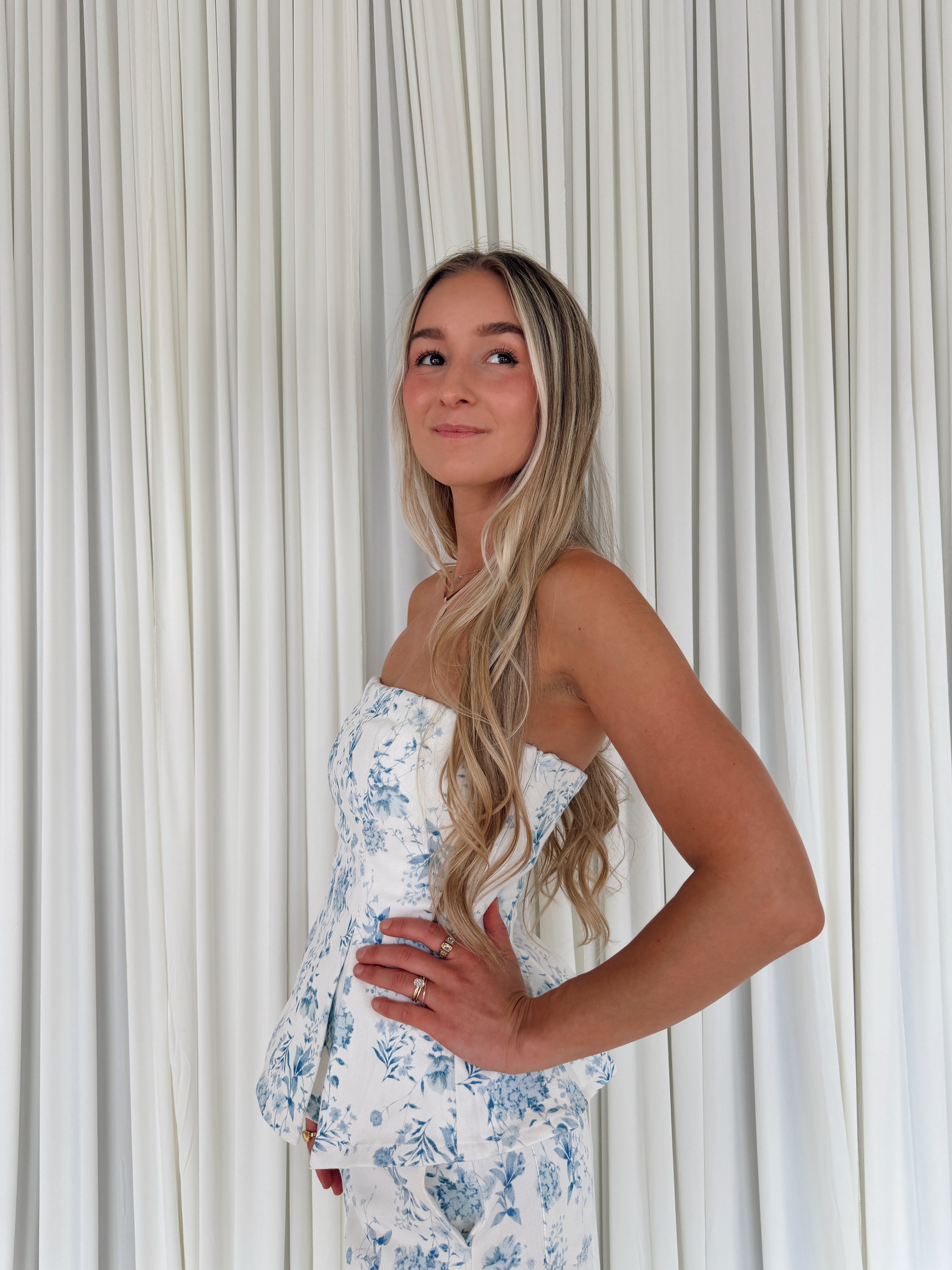 Twill Floral Strapless Top