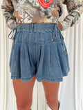 Pleated Denim Shorts