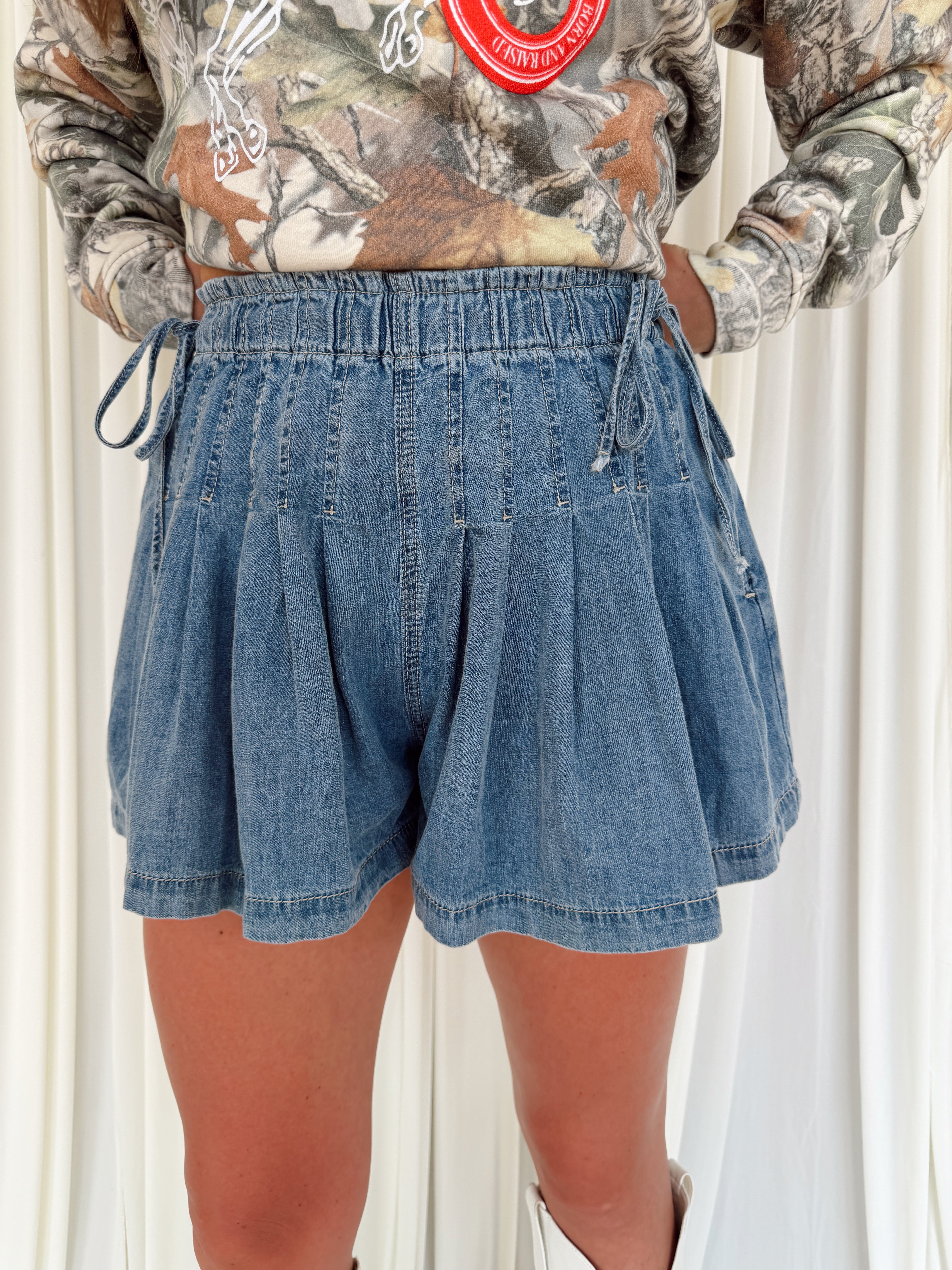 Pleated Denim Shorts